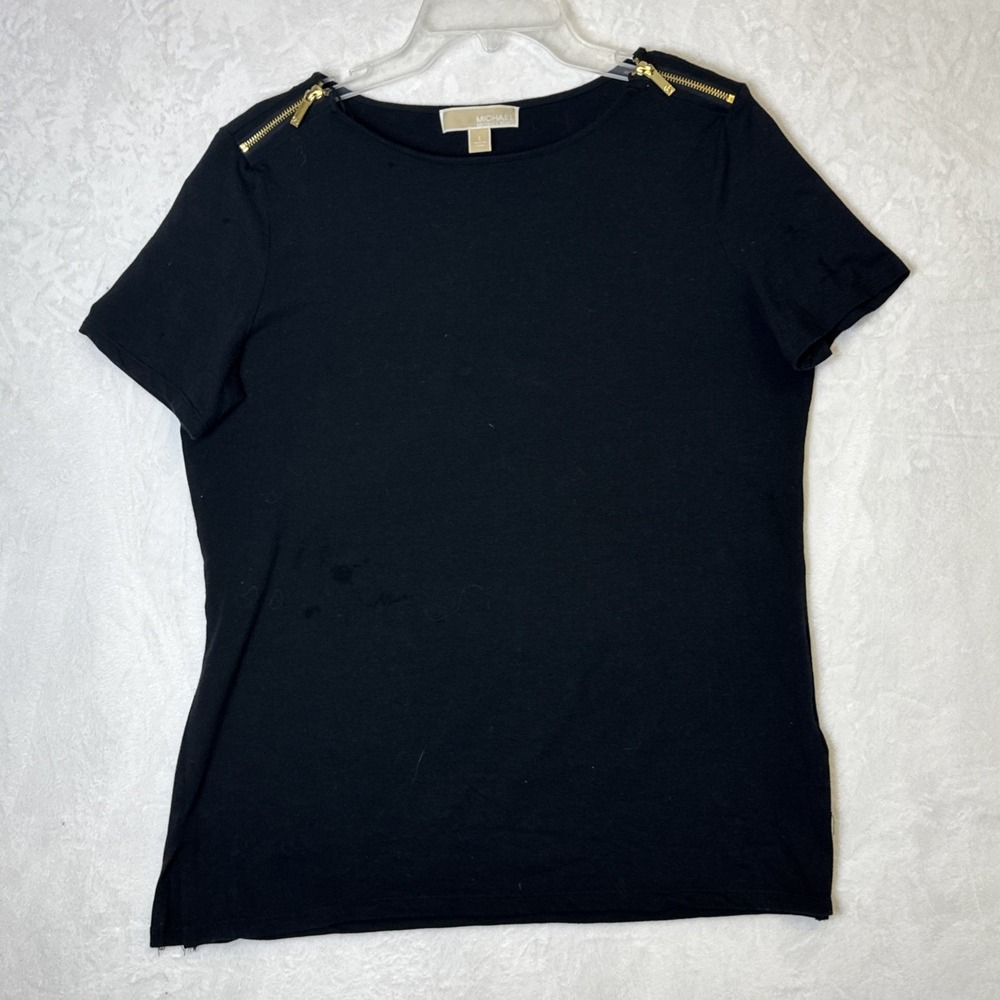 Michael Kors Womens Black Knit  Top Tunic Double Shoulder Zippers Size Large
